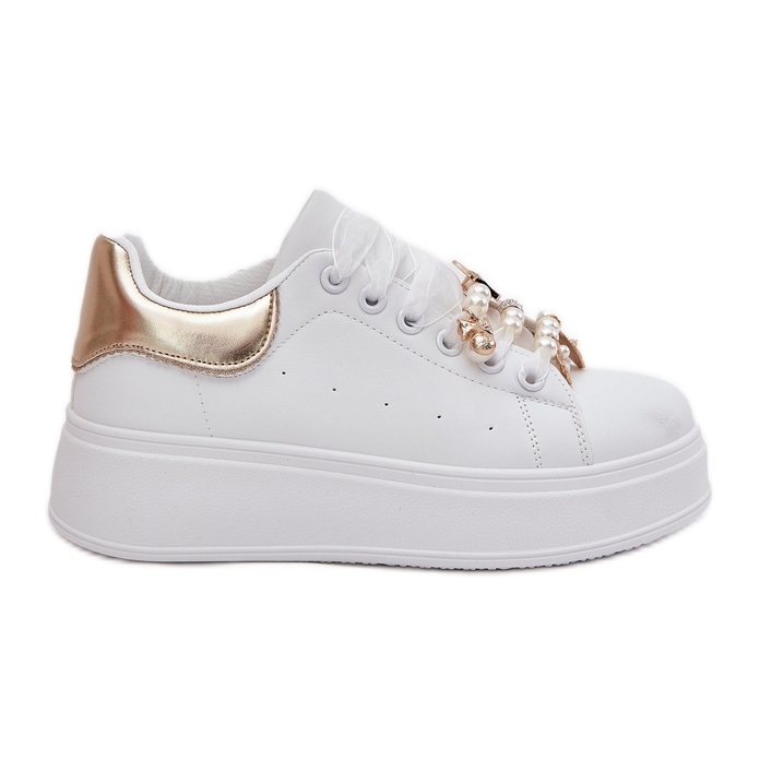 Women's sneakers on the platform with pins, white and gold