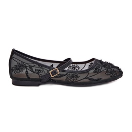 Mesh ballerinas with embroidery and black decoration