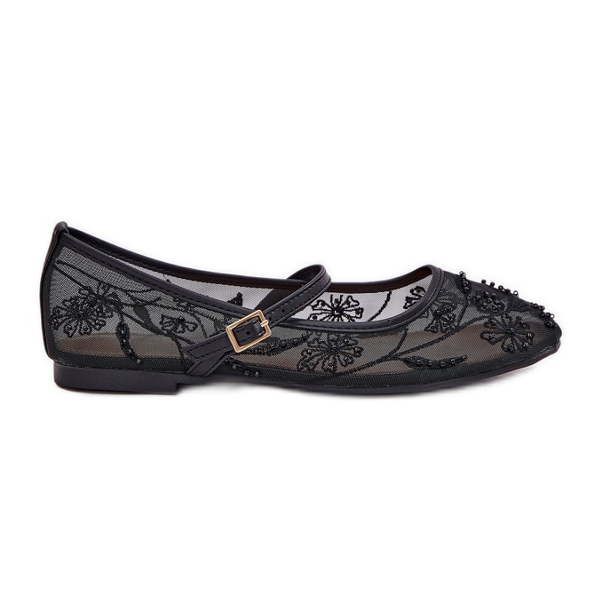 Mesh ballerinas with embroidery and black decoration Mesh ballerinas with embroidery and black decoration