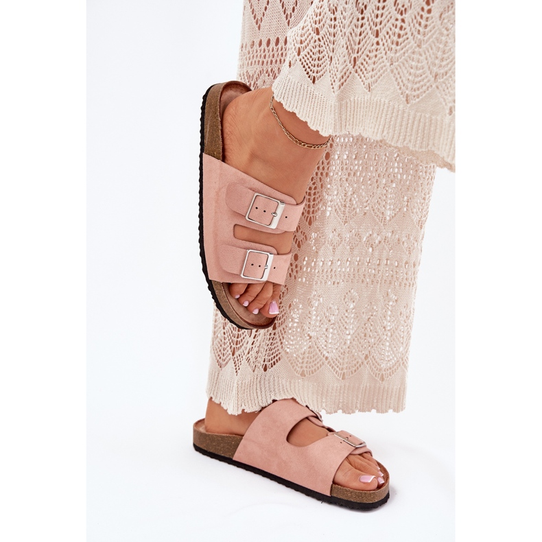 Women's flip flops on the cork platform pink buckles