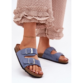 Women's flip flops on the cork platform blue buckles