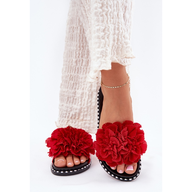 Women's flip flops with material flowers red