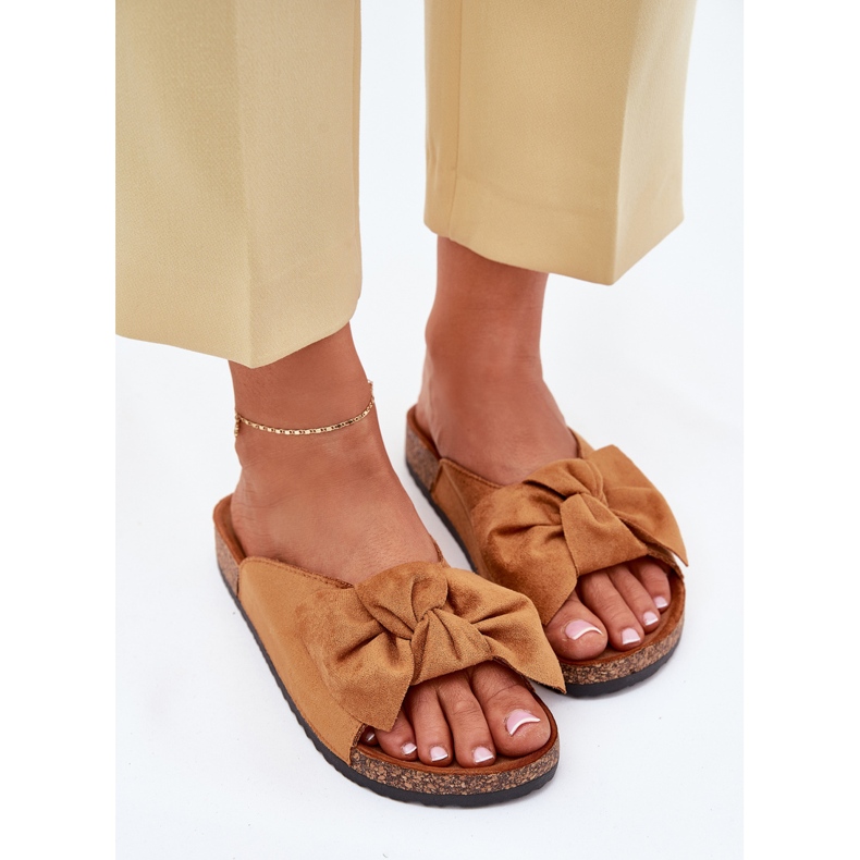 Women's slippers on a cork sole with a Camel bow brown