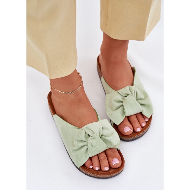 Women's slippers on the cork sole with a mint bow green