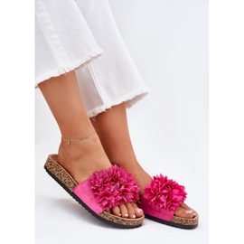 Women's flip flops on a cork sole with fuchsia flowers pink