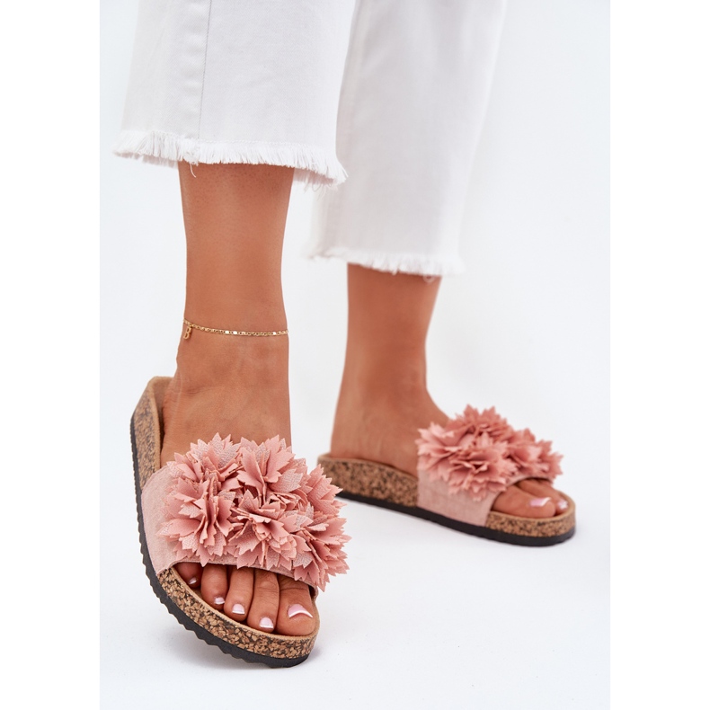 Women's slippers on a cork sole with flowers pink