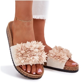 Women's flip flops on a cork sole with decorative flowers beige Women's flip flops on a cork sole with decorative flowers beige