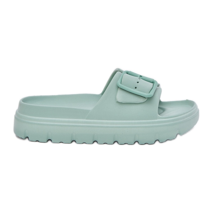 EVento Women's foam flip flops on the platform with a green buckle