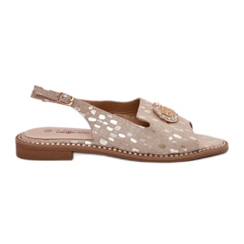 S.Barski Leather sandals with flat-heeled ornament S. Barski KV51-096 Zlote golden