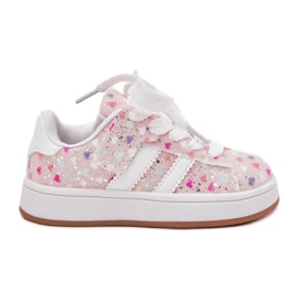 Shiny girls' sports shoes with pink hearts