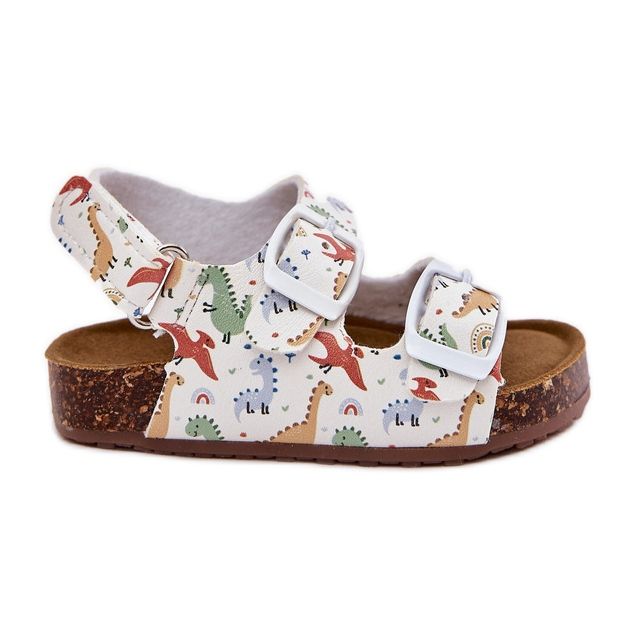 Children's sandals on a cork sole with buckles dinosaurs multicolor white