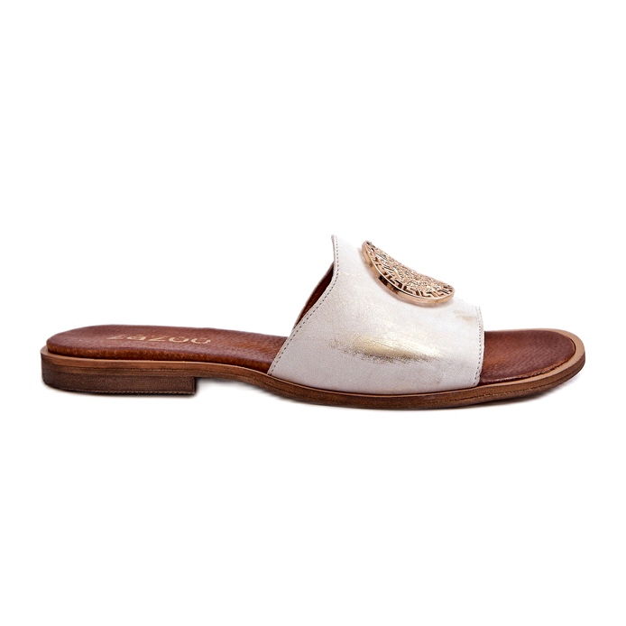 Zazoo 2938 Leather Flip-Flops On a Flat Heel With a Gold Decoration, Brushed white