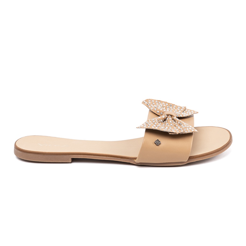 Shelvt Beige flip flops with a bow in the rhinestones