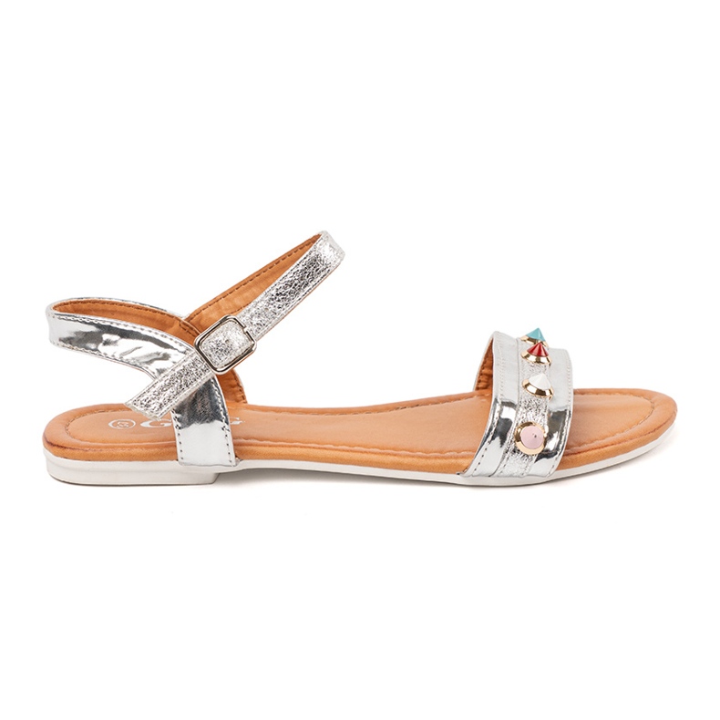 Silver flat sandals with colorful studs