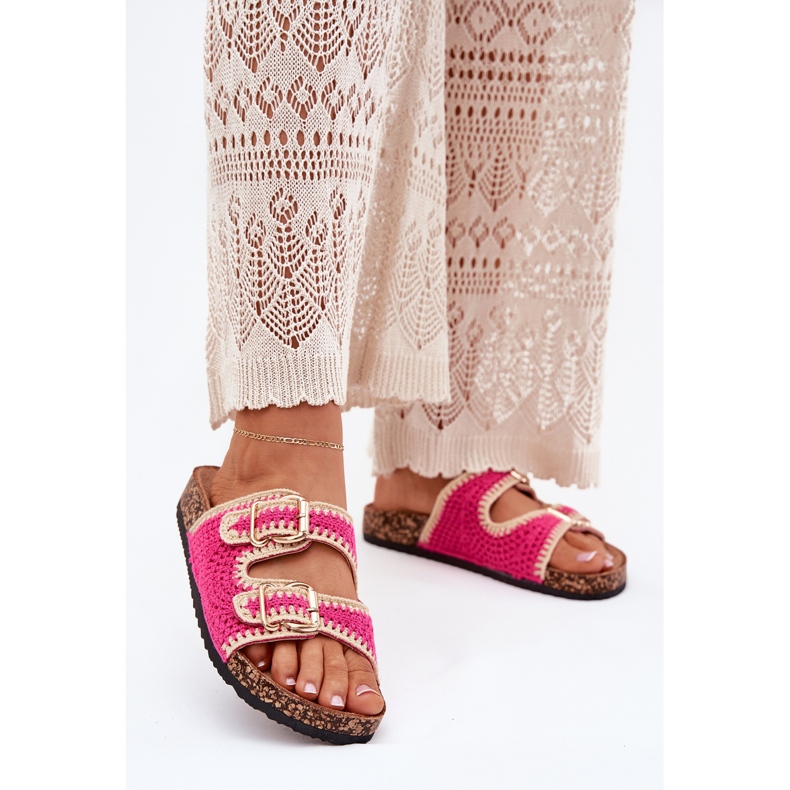 Crochet women's flip flops with golden buckles fuchsia pink