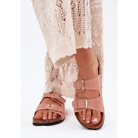 Women's slippers on a cork platform with golden clamps pink