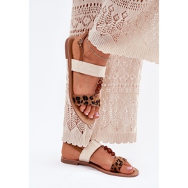 Flat women's sandals with beads brown leopard print