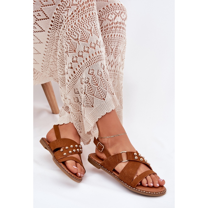 Flat -heeled women's sandals with Camel golden studs brown Flat -heeled women's sandals with Camel golden studs brown