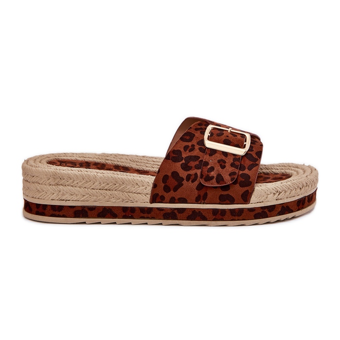 Women's flip flops on the platform with a golden buckle leopard buckle brown