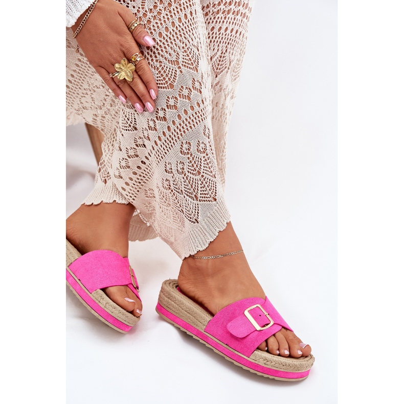 Women's flip flops on the platform with the golden buckle fuchsia pink
