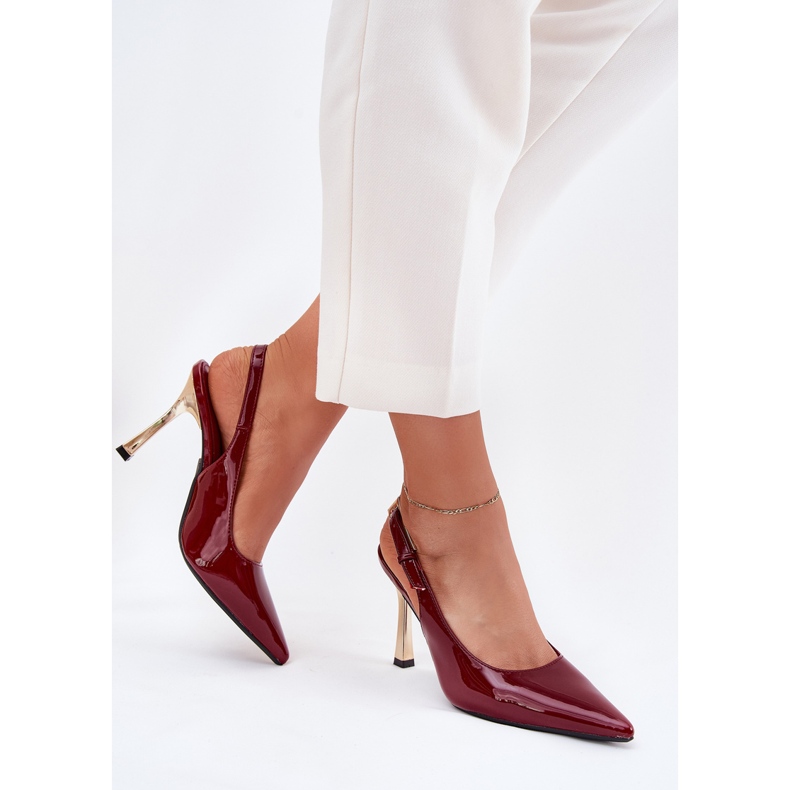 Painted high heels with an open heel and pointed tools burgundy red