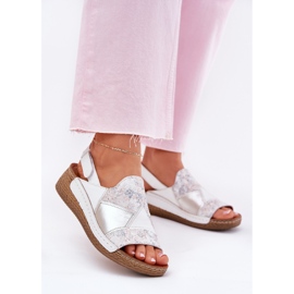 Women's leather sandals with wedge with maciejka braid L7067-11 white