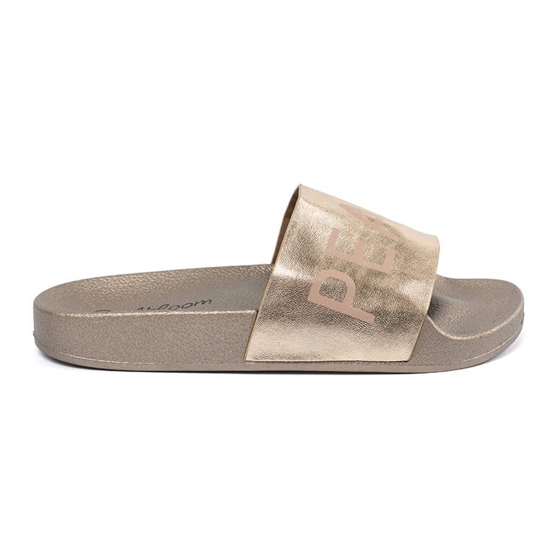 Shelvt Golden flat flip flops with an inscription