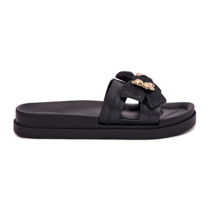 Women's slippers with a bow and a golden brooch black
