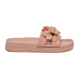 Women's slippers with a bow and a golden brooch beige