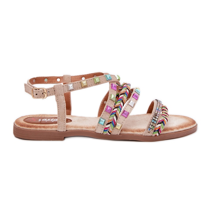 Women's sandals with decoration and woven stripes beige Women's sandals with decoration and woven stripes beige