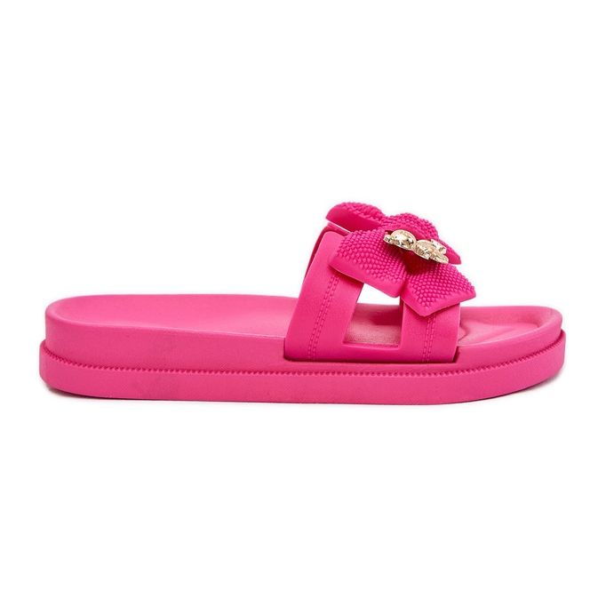 Women's flip flops with a bow and a golden brooch fuchsia pink