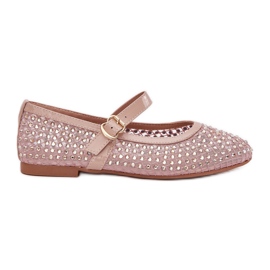 Decorated women's ballerinas with a belt and a clamp beige