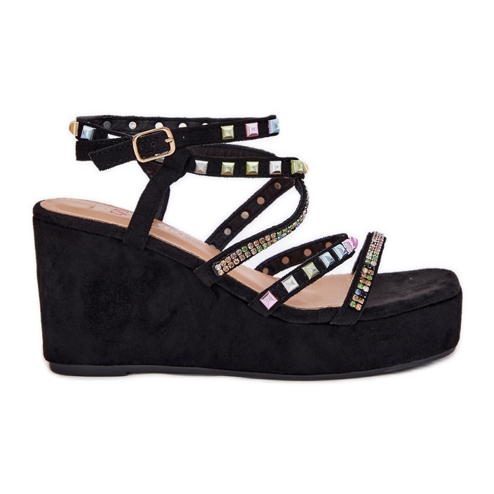 Women's sandals for wedge with decoration on stripes black