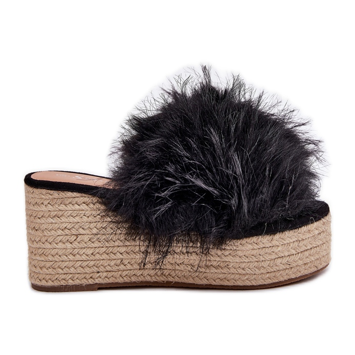 Women's flip flops with wedge with fur and braid black