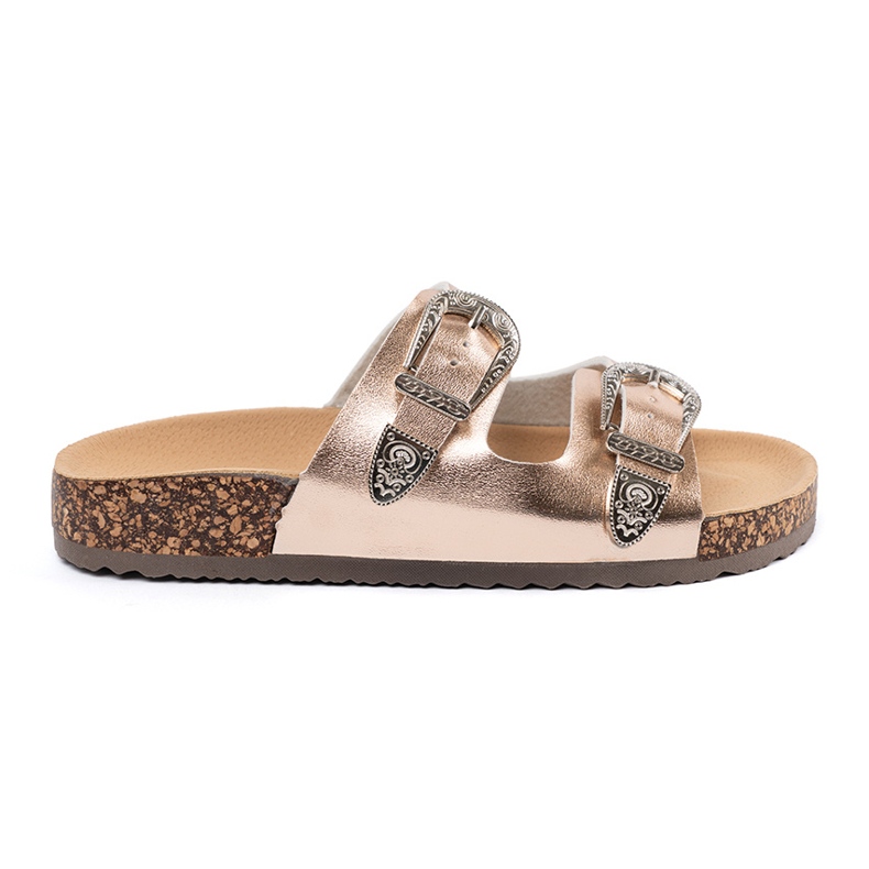 Shelvt Golden flip flops with buckles