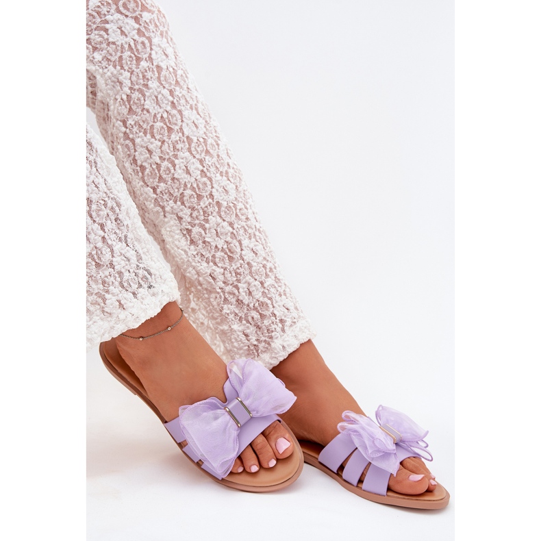 Boto Flat -heeled women's flip flops with a tulle bow purple tanira violet Boto Flat -heeled women's flip flops with a tulle bow purple tanira violet