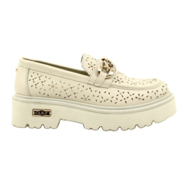 Leather openwork women's loafers on the platform with decoration CLW319405 beige Leather openwork women's loafers on the platform with decoration CLW319405 beige