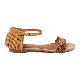 Shelvt Brown sandals with fringes and colorful beads