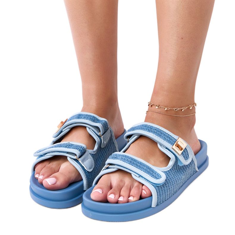 Blue crochet flip flops with adjustable kliris stripes