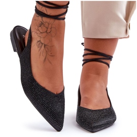 Women's Lace Up Ballerina Shoes Decorated with Studs, Black Jange