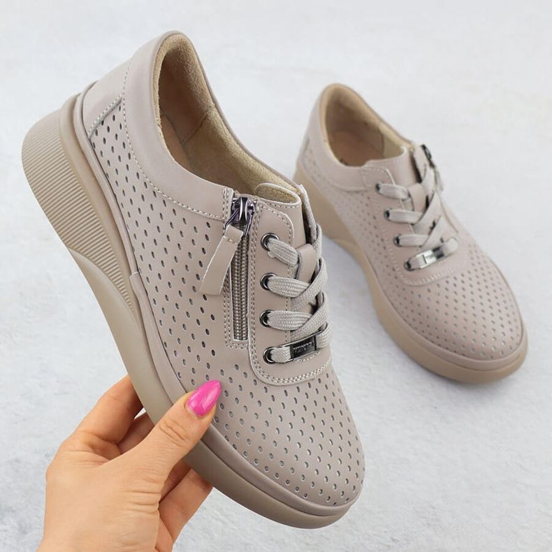 Women's leather shoes perforated on wedges beige Vinceza 79565