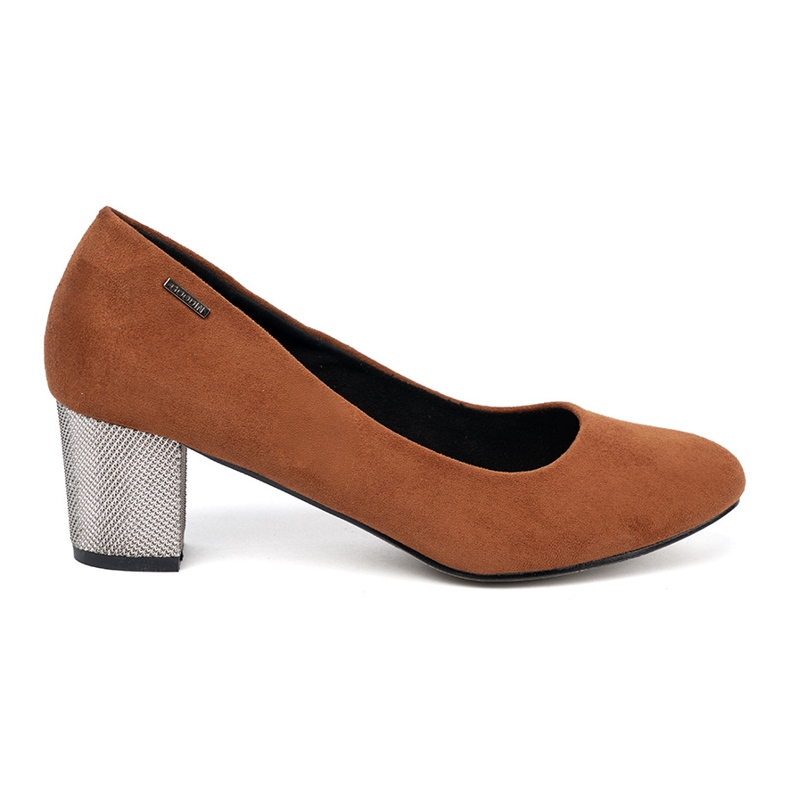 Goodin Brown pumps with a decorative silver heel