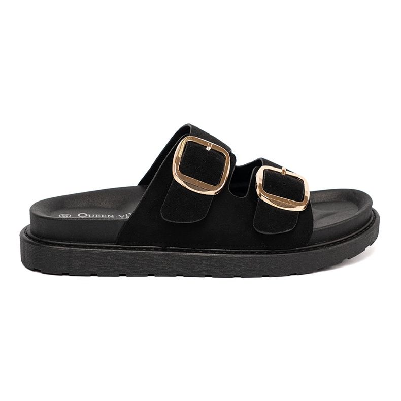 Shelvt Women's black flip flops with golden buckles