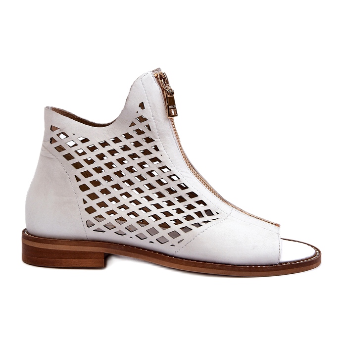 Zazoo 977/L Leather Openwork Sandals With Zipper, White