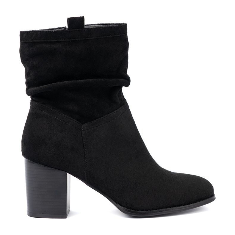 Shelvt Black suede boots on the post with a crinkled upper