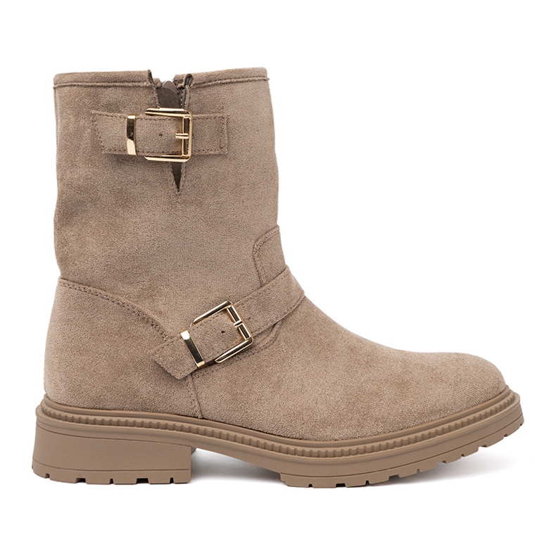 Shelvt Beige suede boots with decorative buckles