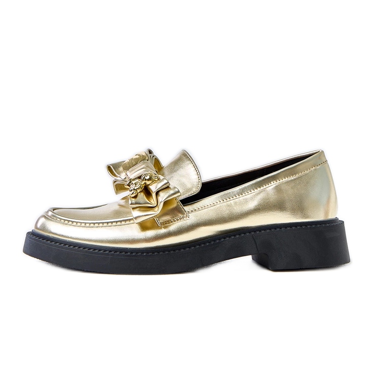 Golden loafers with a bow and Teriwa teddy bear