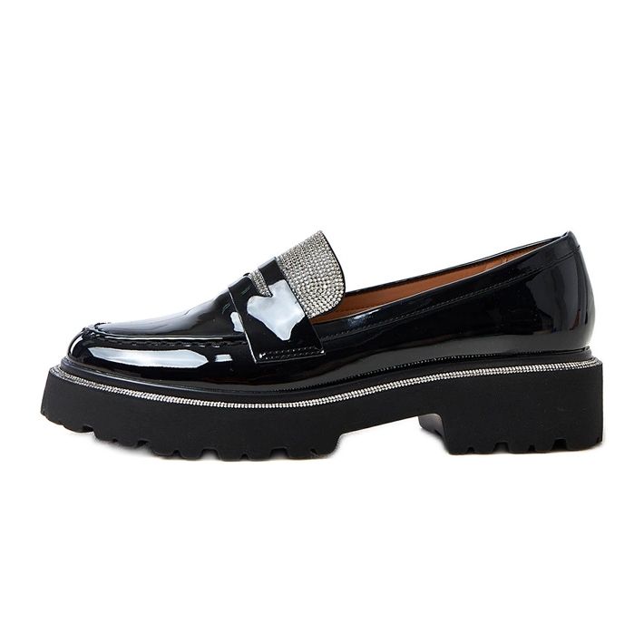 Black varnished loafers decorated with Laures zircons