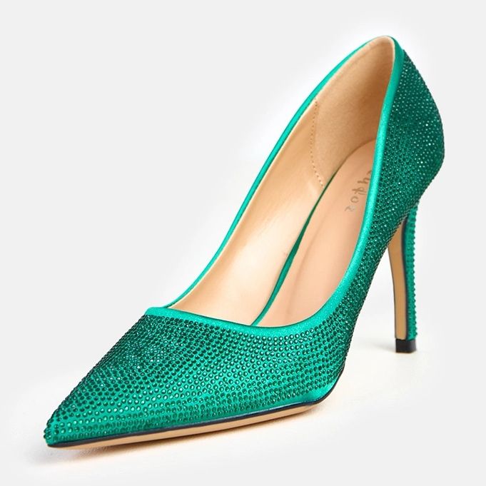 Green satin pumps with zircons on the heel ARANKA