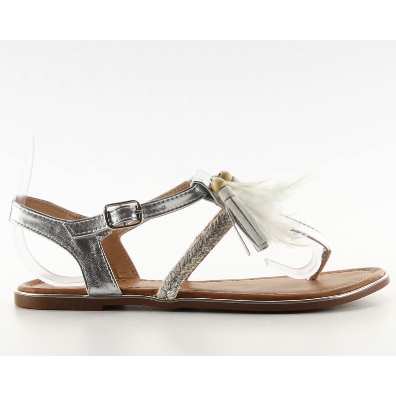 Sandals with boho SL76 silver feathers grey